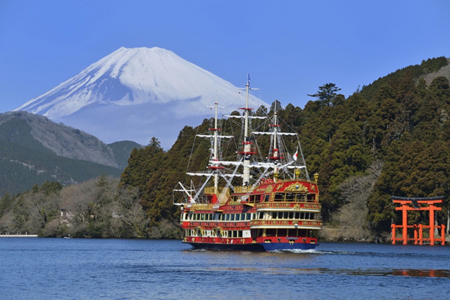 lago, barco, torii, fuji nevado